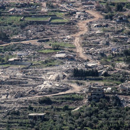 A general view shows demolished homes and structures destroyed by the Israeli army in the southern Lebanese village of Beit Lif, in the Bint Jbeil district on April 22, 2026. Israel's foreign minister on April 22, urged Beirut to make joint efforts with Israel to counter the Lebanese armed group Hezbollah, ahead of talks between the countries set to resume in Washington. On February 28, Israel and the United States launched strikes on Iran, killing its supreme leader and triggering a war that spread across the Middle East, with Lebanon's Hezbollah entering the fray on March 2. (Photo by Kawnat HAJU / AFP via Getty Images)