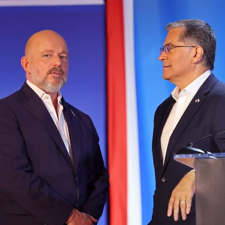 CLAREMONT, CALIFORNIA - APRIL 28: (L-R) Steve Hilton (R) and Xavier Becerra (D) speak during CBS Television Stations' California Gubernatorial Debate on April 28, 2026 in Claremont, California. (Photo by Leon Bennett/Getty Images for CBS Television Stations)