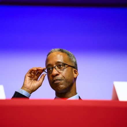 WASHINGTON, DC - MARCH 14: Mayoral candidate Kenyan McDuffie adjusts his glasses during the Free DC candidate forum, an event for constituents to meet and question candidates for mayor and congressional delegate, on March 14, 2026 in the Southeast neighborhood of Washington, DC. (Photo by Pete Kiehart for The Washington Post via Getty Images)
