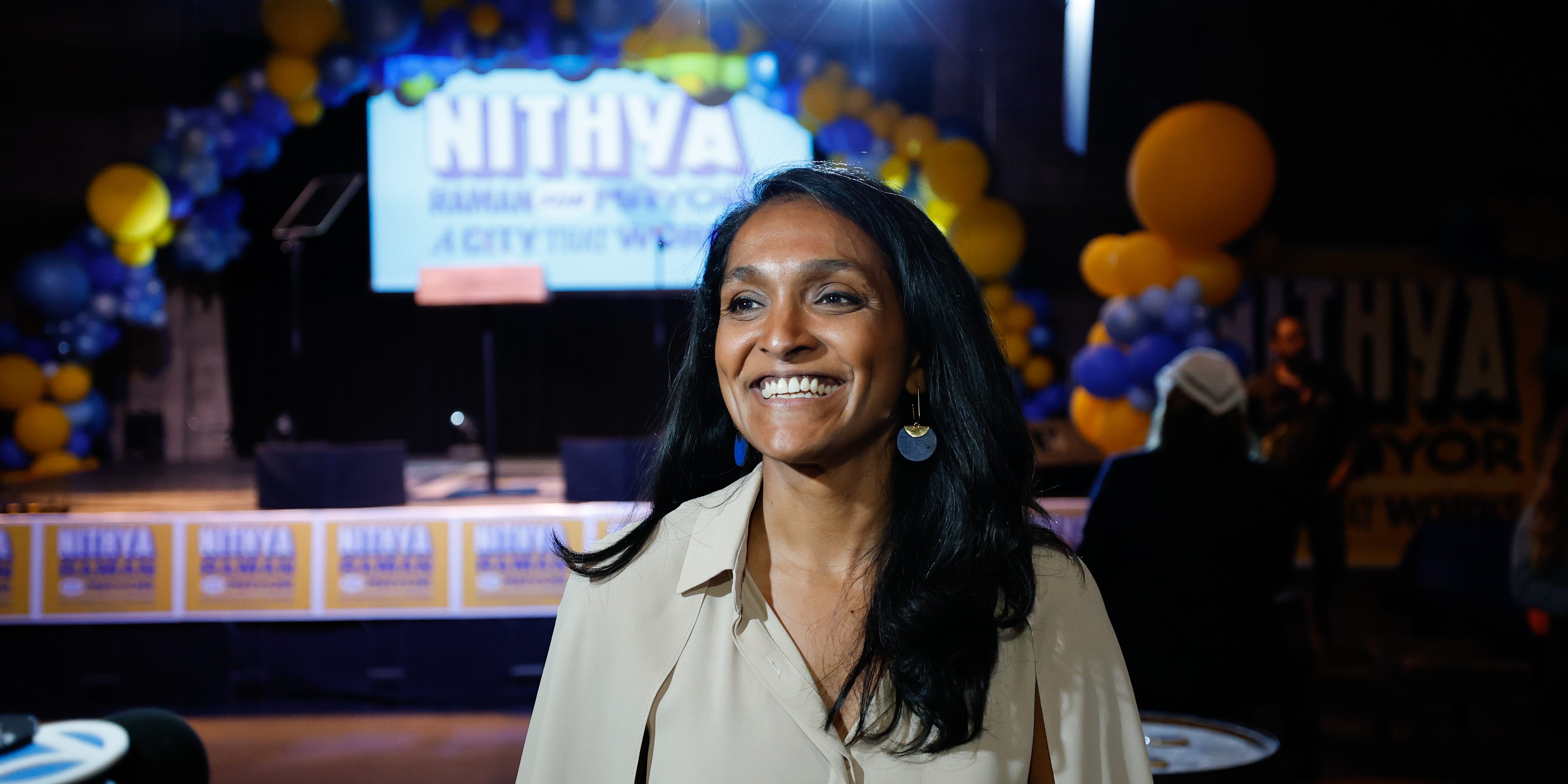 LOS ANGELES, CA - JUNE 2, 2026: Los Angeles mayoral candidate Nithya Raman smiles during her election night party at Boomtown Brewery on June 2, 2026 in Los Angeles, CA.  (Gina Ferazzi / Los Angeles Times via Getty Images)