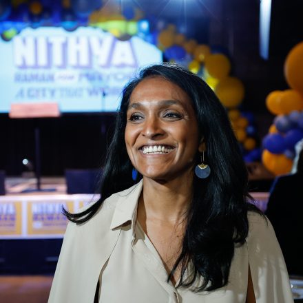 LOS ANGELES, CA - JUNE 2, 2026: Los Angeles mayoral candidate Nithya Raman smiles during her election night party at Boomtown Brewery on June 2, 2026 in Los Angeles, CA.  (Gina Ferazzi / Los Angeles Times via Getty Images)