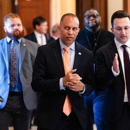 Representative Hakeem Jeffries, a Democrat from New York, walks with staff at the US Capitol in Washington, DC, US, on Wednesday, June 3, 2026. The biggest GOP test this week is whether the House and Senate can advance their $72 billion Republican-only budget bill focused on immigration enforcement. Photographer: Eric Lee/Bloomberg via Getty Images