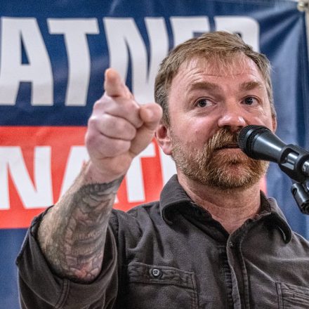 PORTLAND, MAINE - JUNE 07: Democratic U.S. Senate candidate Graham Platner speaks to voters at a town hall at the Elks Lodge 188 on June 7, 2026 in Portland, Maine. Platner is the presumptive Democratic nominee and will face incumbent Sen. Collins (R-ME) for Maine's U.S. Senate seat in the general election. (Photo by Laura Brett/Getty Images)