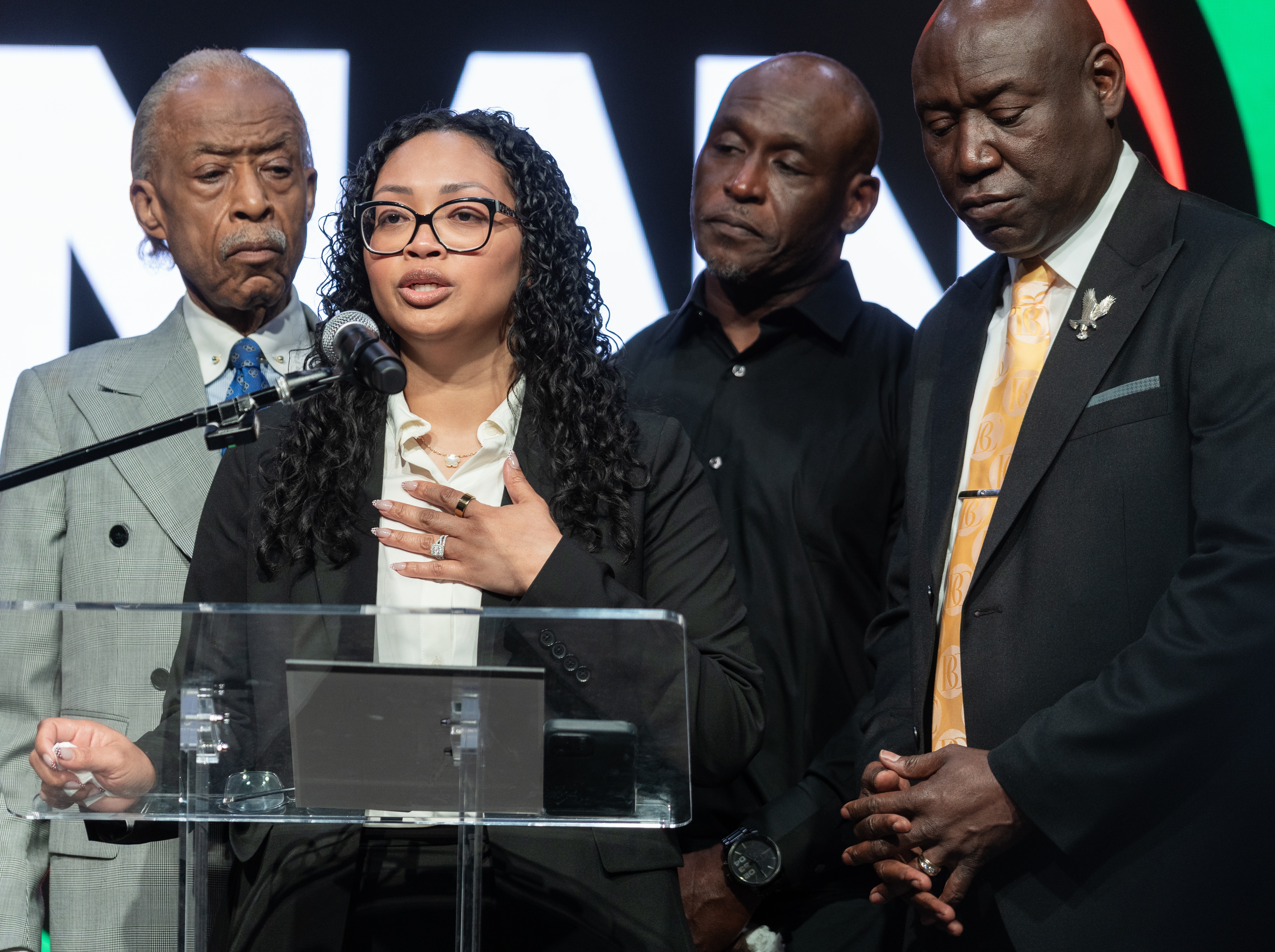 Nolan Wells mother Chrstine Wonsley held a press conference with their lawyer Ben Crump and Rev. Al Sharpton after their son's mysterious death over the 4th of July weekend off the coast of Mississippi. New York City, NY. July 10, 2026. (Photo by Steve Sanchez/Sipa USA).(Sipa via AP Images)