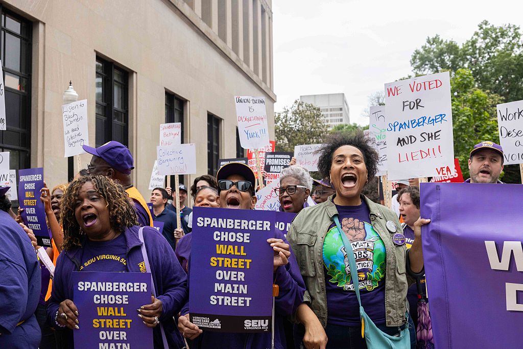 Union and non union workers across several industries protest Gov. Spanberger's recent veto of a collective bargaining bill in Richmond, VA, on Thursday May 21, 2026. (Allyse Pulliam/Times-Dispatch via Getty Images)