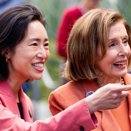 Connie Chan, supervisor for San Francisco's District 1 and Democratic US Congressional candidate, left, and Representative Nancy Pelosi, a Democrat from California, during a "Get Out The Vote" rally in San Francisco, California, US, on Friday, May 29, 2026. California is holding its primary election on June 2. Photographer: Jason Henry/Bloomberg via Getty Images