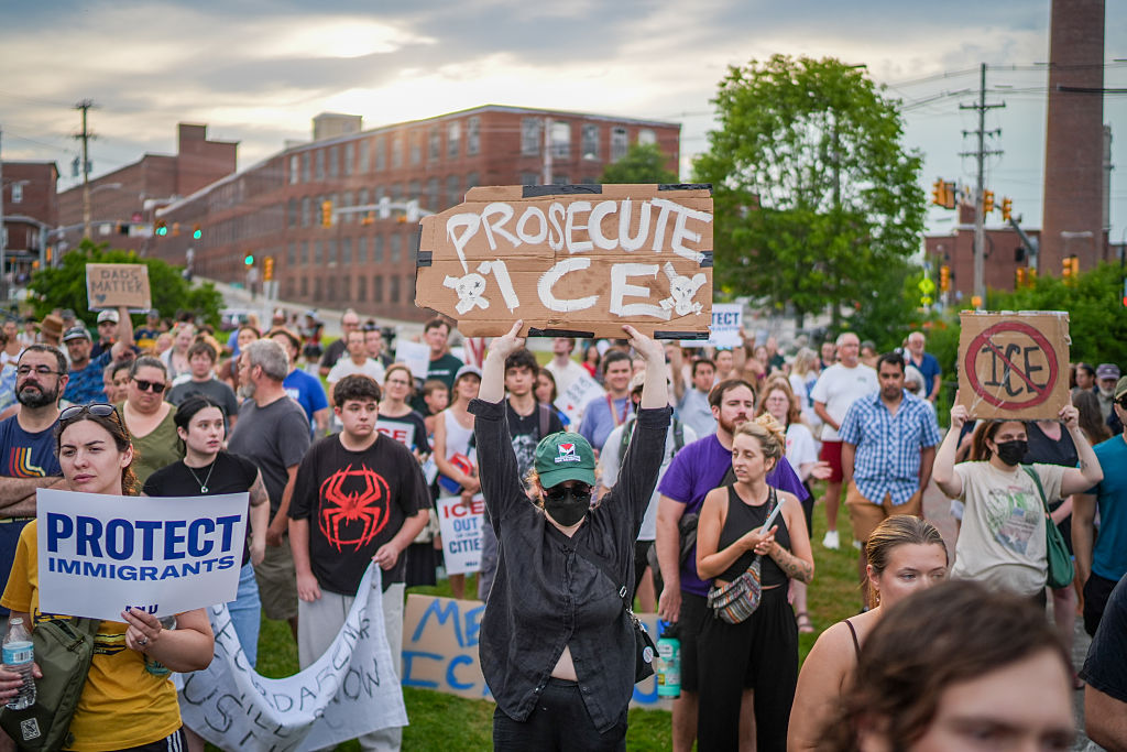 BIDDEFORD, MAINE - JULY 13: Anti-ICE protesters attend a vigil for a man that was killed in a shooting involving U.S. Immigration and Customs Enforcement (ICE), on July 13, 2026 in Biddeford, Maine. The victim has been identified as Joan Sebastian Guerrero, a 26-year-old man from Colombia. (Photo by Ryan Murphy/Getty Images)