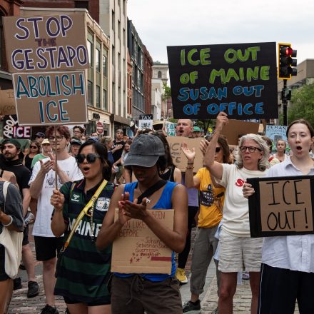 Demonstrators protest the killing of a local 26-year-old man by a federal officer at Monument Square in Portland, Maine, on July 14, 2026. A US immigration officer on July 13, fatally shot a man identified by rights groups as a 26-year-old Colombian, an incident likely to fuel criticism of President Donald Trump's deportation drive. The shooting happened in Biddeford, a town of 22,000 people in the northern state of Maine, and comes a week after an Immigration and Customs Enforcement (ICE) agent shot dead a Mexican man in Texas. (Photo by JOSEPH PREZIOSO / AFP via Getty Images)