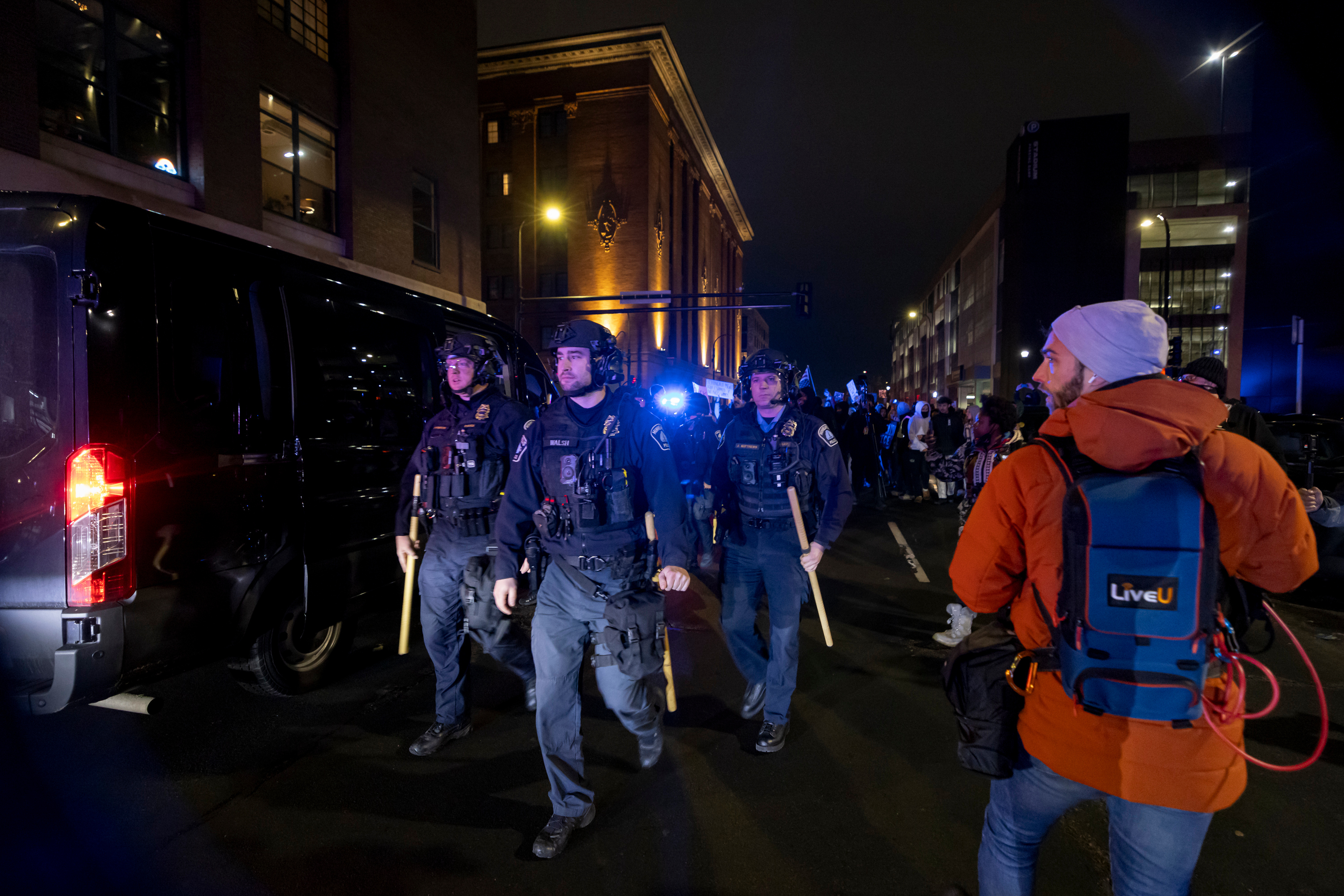 Demonstrators make noise outside of hotels thought to house Immigration and Customs Enforcement and other federal agents in Minneapolis, Minnesota on January 9, 2026 in Minneapolis, Minnesota.