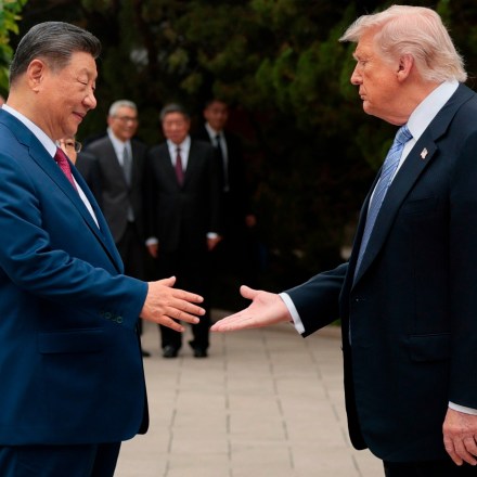 President Donald Trump, right, shakes hands with Chinese President Xi Jinping while leaving after a visit to the Zhongnanhai Garden in Beijing, Friday, May 15, 2026.