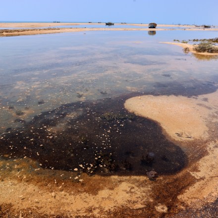 Dark oil residue collects in shallow coastal waters on Qeshm Island, Iran, Thursday, Aug. 13, 2026, amid ongoing wartime attacks on vessels and infrastructure in and around the Strait of Hormuz, though the spill's source has not been independently determined.