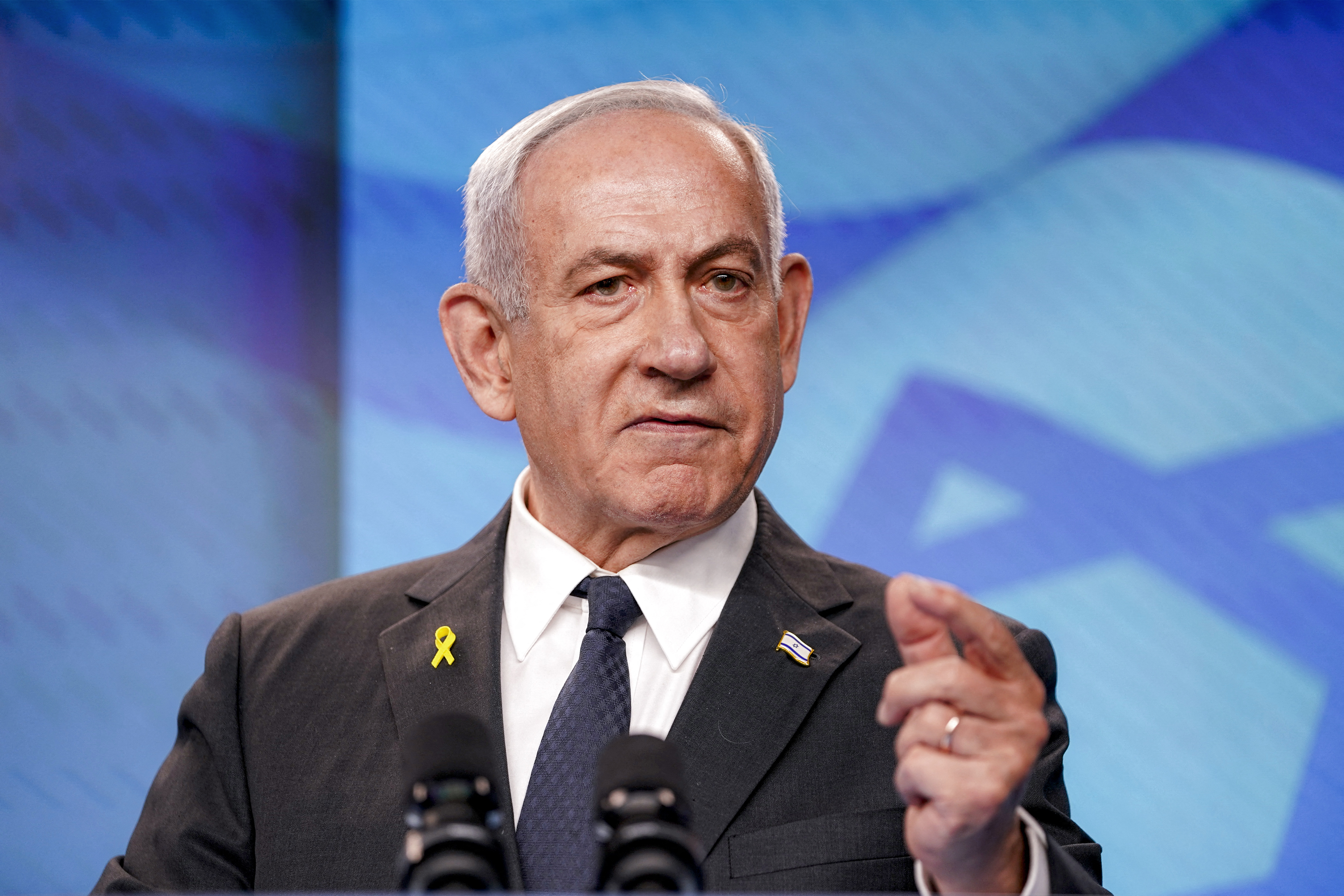 TOPSHOT - Israel's Prime Minister Benjamin Netanyahu speaks during a joint press conference with the US Secretary of State at the Prime Minister's Office in Jerusalem on September 15, 2025. US Secretary of State Marco Rubio said Washington would provide "unwavering support" to Israel in the war in Gaza as he called for the eradication of Hamas during a visit to the US ally on September 15. (Photo by Nathan Howard / POOL / AFP) (Photo by NATHAN HOWARD/POOL/AFP via Getty Images)