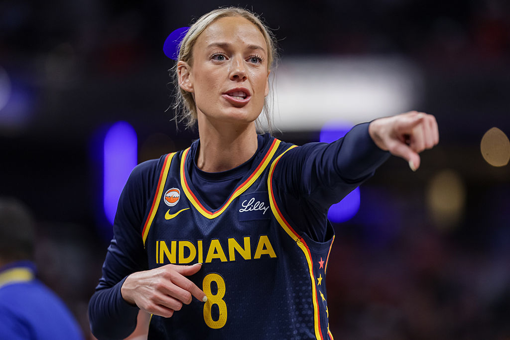 INDIANAPOLIS, INDIANA - JUNE 22: Sophie Cunningham #8 of the Indiana Fever points during the game against the Phoenix Mercury at Gainbridge Fieldhouse on June 22, 2026 in Indianapolis, Indiana. NOTE TO USER: User expressly acknowledges and agrees that, by downloading and or using this photograph, User is consenting to the terms and conditions of the Getty Images License Agreement. (Photo by Michael Hickey/Getty Images)
