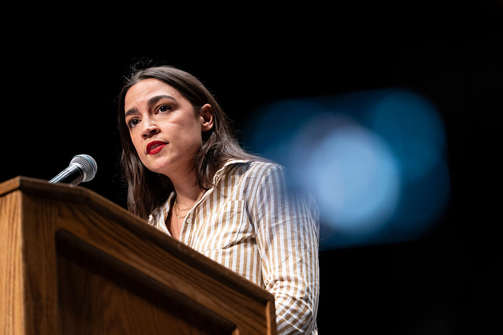 DETROIT, MICHIGAN - JULY 18: U.S. Rep. Alexandria Ocasio-Cortez (D-NY) speaks at The People V. The Powerful rally at the Detroit Opera House on July 18, 2026 in Detroit, Michigan. Ocasio-Cortez, U.S. Sen. Bernie Sanders (I-VT) and others joined El-Sayed to rally the crowds. (Photo by Sarah Rice/Getty Images)