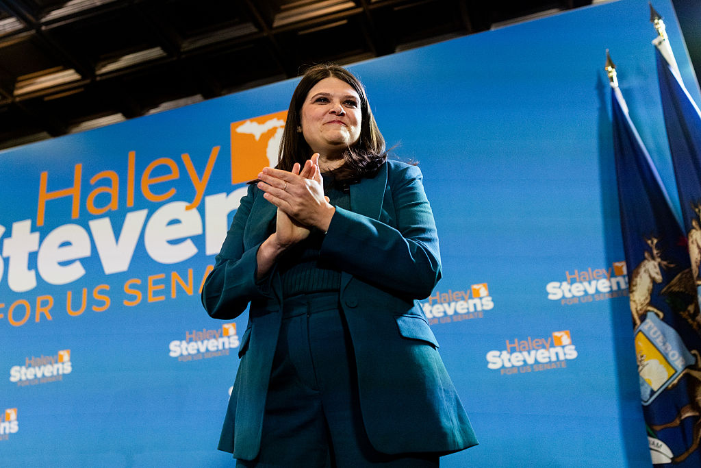 Representative Haley Stevens, a Democrat from Michigan and US Senate candidate, arrives to speak during a primary election night watch party in Detroit, Michigan, US, early on Wednesday, Aug. 5, 2026. The fight between the progressive and centrist wings of the Democratic Party reached its most consequential front of the 2026 midterm primary season as Michigan voters on Tuesday decided whether to send Abdul El-Sayed or Haley Stevens to a general election that could determine the balance of power in the US Senate. Photographer: Emily Elconin/Bloomberg via Getty Images