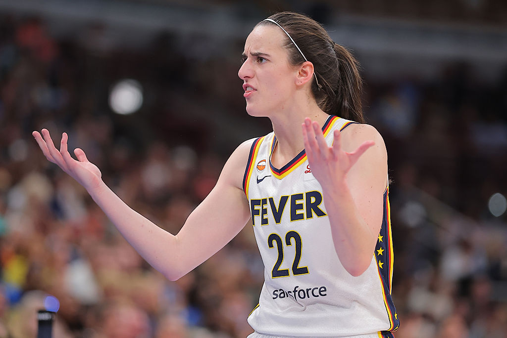 CHICAGO, IL - AUGUST 08: Caitlin Clark #22 of the Indiana Fever reacts to a technical foul call during the second half against the Chicago Sky on August 8, 2026 at the United Center in Chicago, Illinois. (Photo by Melissa Tamez/Icon Sportswire via Getty Images)