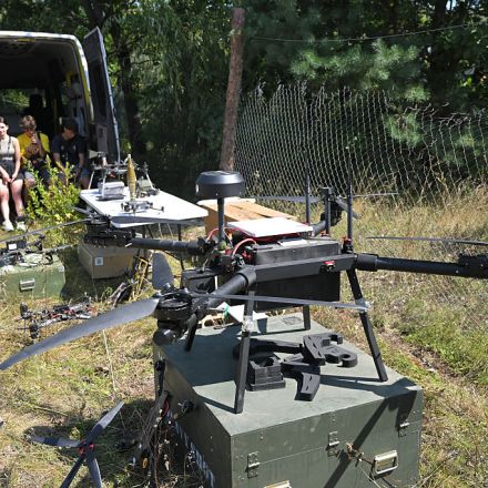 A Zhvavyi UAV, a modification of the Ukrainian Heavy Shot drone, is displayed during a closed practical military drill for young people aged 18 to 24 and older in Ukraine, on August 15, 2026. The event allowed participants to test themselves in the modern army. Under the guidance of instructors, they piloted UAVs and unmanned ground vehicles, handled weapons and learned the basics of tactical medicine. The training was organized by the 241st Territorial Defence Brigade together with the 4th Recruitment Centre of the Territorial Defence Forces of the Armed Forces of Ukraine.