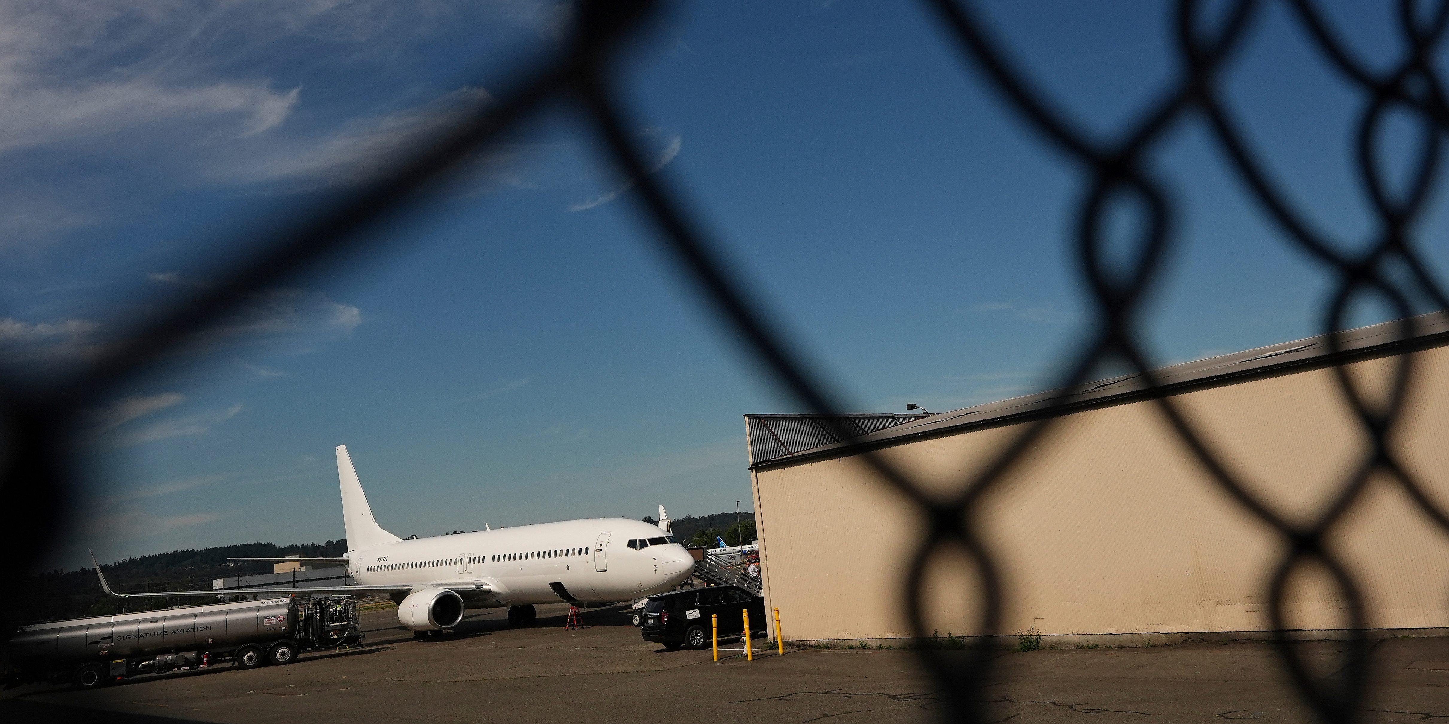 FILE - A U.S. Immigration and Customs Enforcement flight operates out of King County International Airport-Boeing Field, Aug. 23, 2025, in Seattle. (AP Photo/Lindsey Wasson, File)