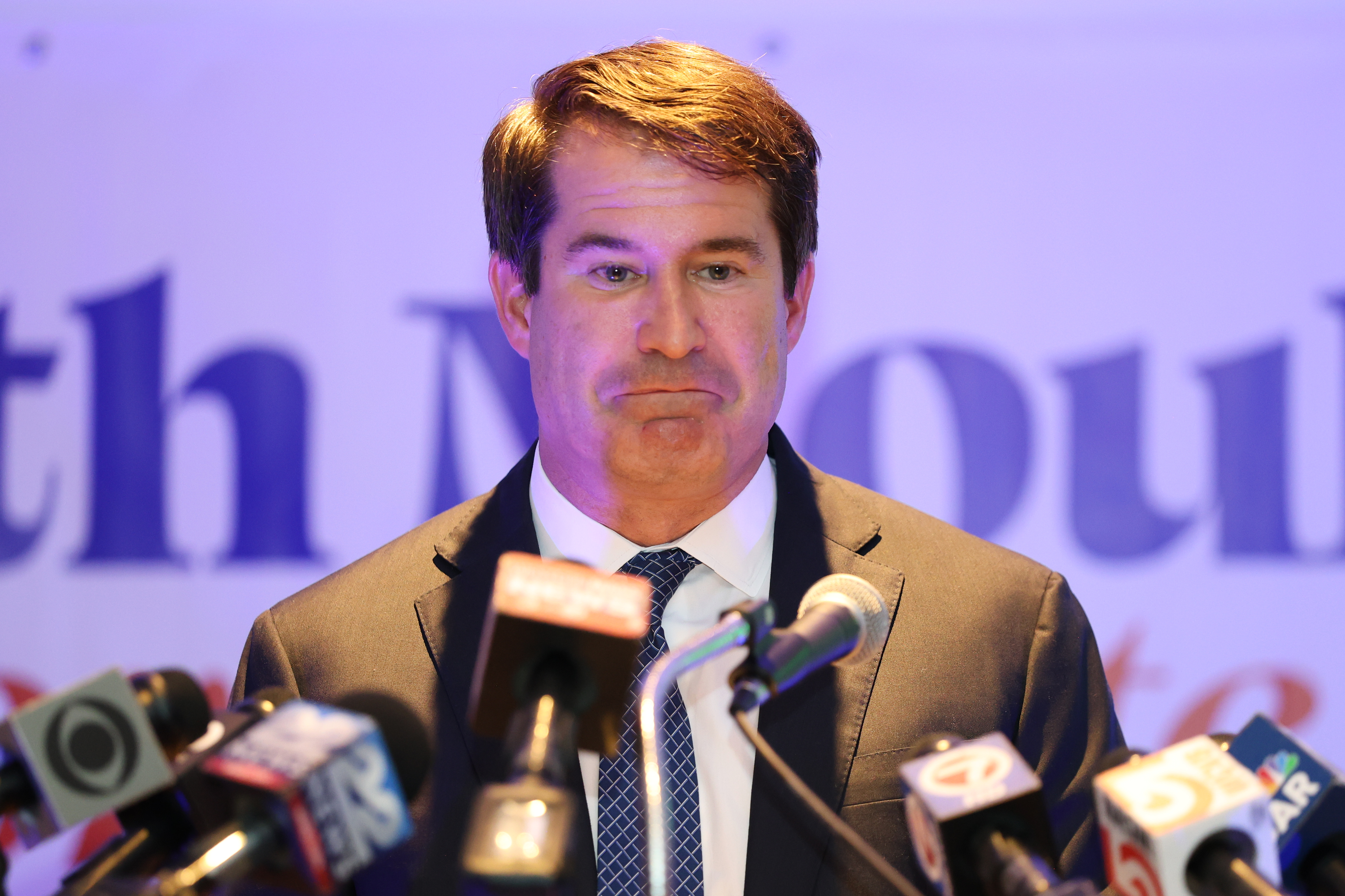 Rep. Seth Moulton speaks after losing the Democratic nomination during a primary election night event Tuesday Sept. 1, 2026, in Boston. (AP Photo/Reba Saldanha)