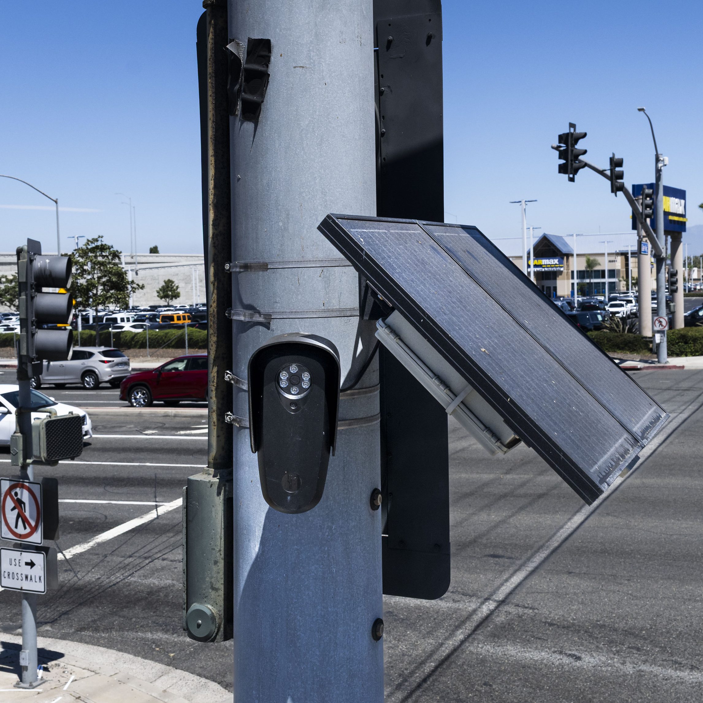 COSTA MESA, CA - August 17: A Flock camera is located at the corner of Harbor Blvd. and Gisler Ave. in Costa Mesa on Monday, August 17, 2026. In July, the Costa Mesa City Council decided to keep its three-year contract with Flock Safety, the provider of surveillance cameras that automatically log license plates. (Photo by Paul Bersebach/MediaNews Group/Orange County Register via Getty Images)