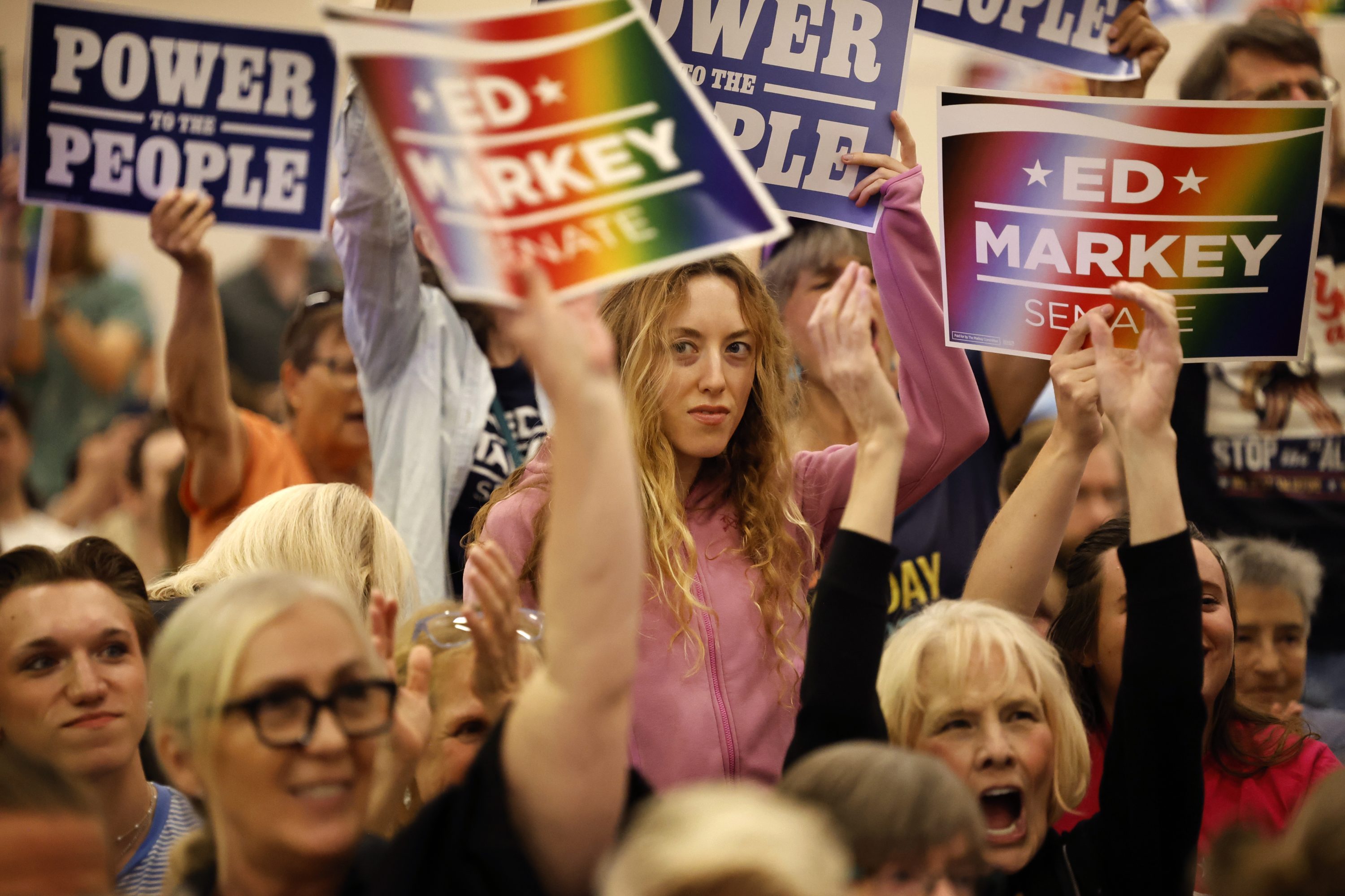Boston, MA - August 29: Attendees show their support during a 'Power to the People' rally with Senator Ed Markey at the IBEW Local 103 facility on August 29, 2026. (Photo by Craig F. Walker/The Boston Globe via Getty Images)