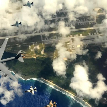 A B-52 Stratofortress leads a formation over Guam during Cope North 09-1, a joint U.S. and Japanese military air combat exercise, at Andersen Air Force Base on Feb. 10, 2009.