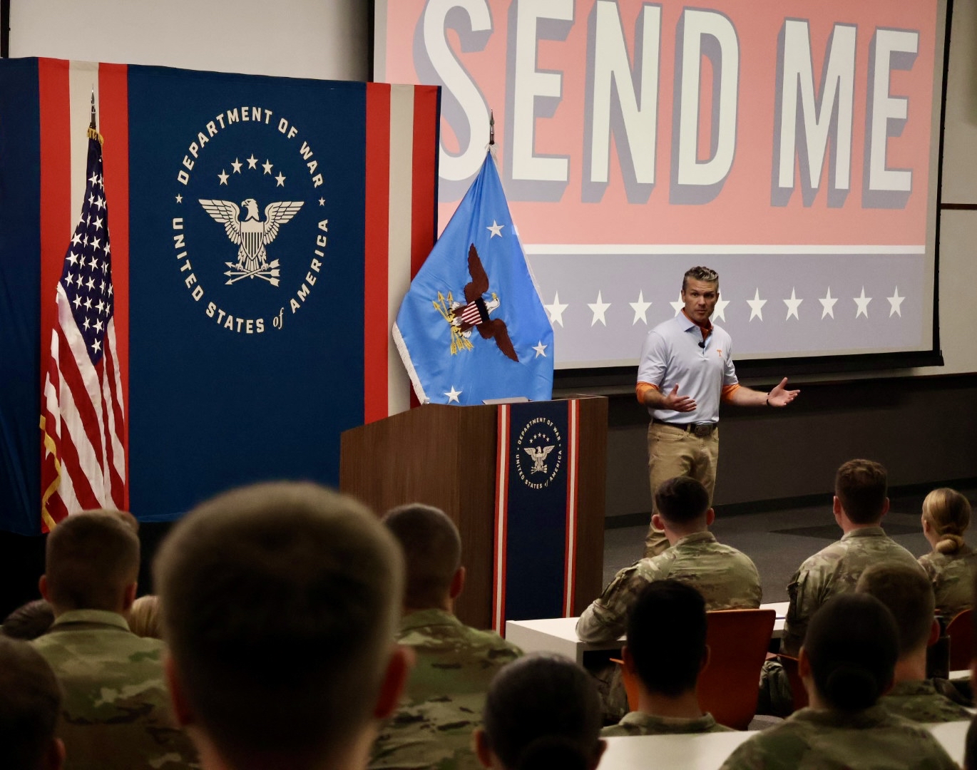 Secretary of War Pete Hegseth addresses Reserve Officers' Training Corps cadets during a Send Me Tour event at the University of Tennessee in Knoxville, Tennessee, Oct. 17, 2026. His remarks focused on military service, leadership and readiness. (U.S. Army National Guard photo by Capt. Tessa Lindsey)
