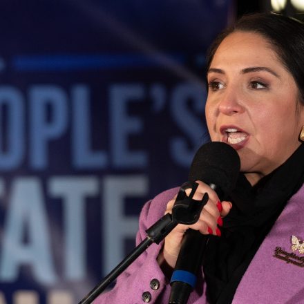Delia Ramirez participates in the MeidasTouch Network and MoveOn Alternative State of the Union Rally on the National Mall with members of Congress and their guests speaking on different issues such as immigration, the economy, and the Epstein files in Washington, D.C., United States, on February 24, 2026. (Photo by Zach D Roberts/NurPhoto via AP)