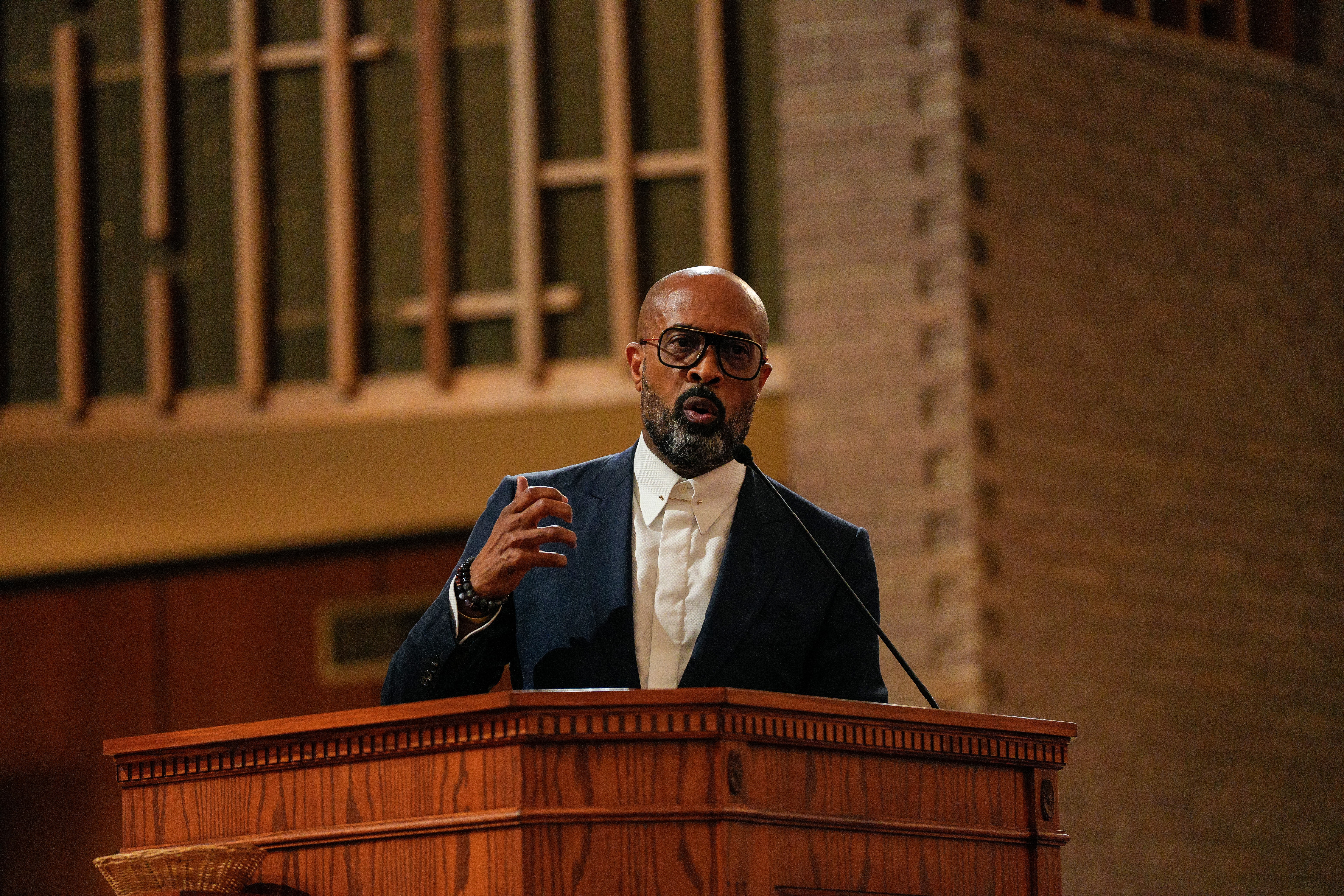 Rev. Frederick D. Haynes III speaks to the crowd during the We the People TX interfaith service, "A Night of Moral Resistance," in Dallas, Wednesday, Sept. 9, 2026. (AP Photo/Gabriela Passos)
