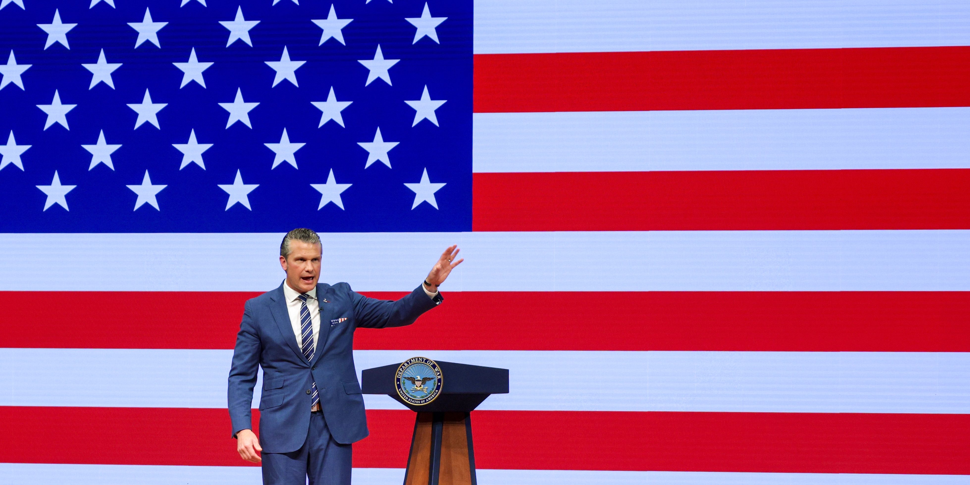 Secretary of Defense Pete Hegseth gives a State of the Force address at Marine Corps Base Quantico, Wednesday, Sept. 30, 2026 in Quantico, Va.