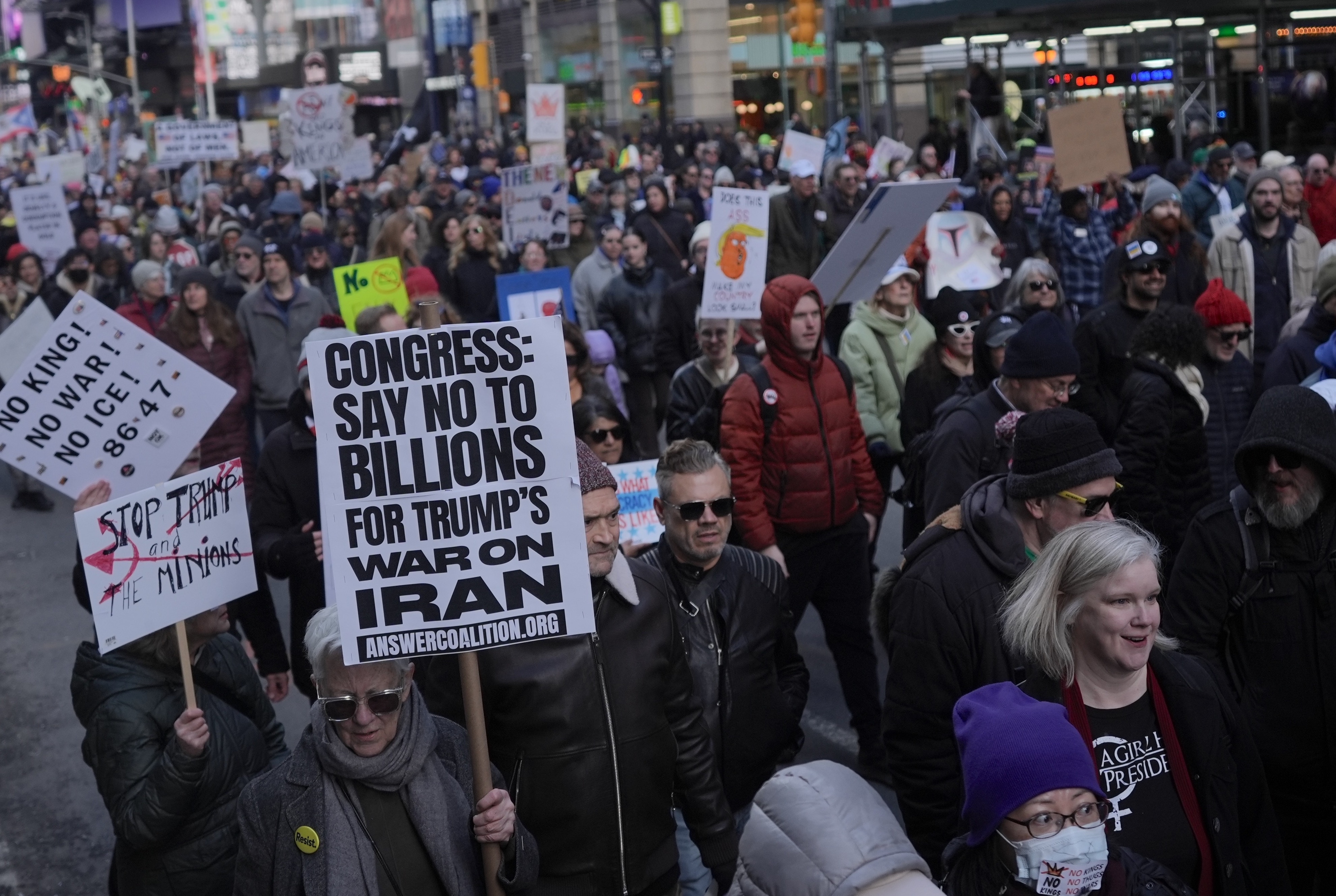 NEW YORK, UNITED STATES - MARCH 28: Demonstrators gather near Central Park before marching through Manhattan and passing through Times Square during the third âNo Kingsâ protest in New York, United States, on March 28, 2026. (Photo by Selcuk Acar/Anadolu via Getty Images)
