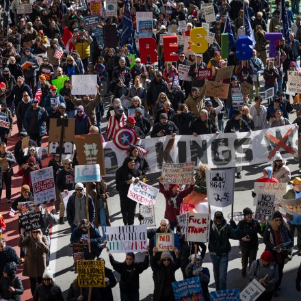 CHICAGO, ILLINOIS - MARCH 28: Thousands of demonstrators march through downtown to protest policies of the Trump administration, during a No Kings march on March 28, 2026 in Chicago, Illinois. This is the third nationwide "No Kings" protest held against the Trump administration. (Photo by Scott Olson/Getty Images)