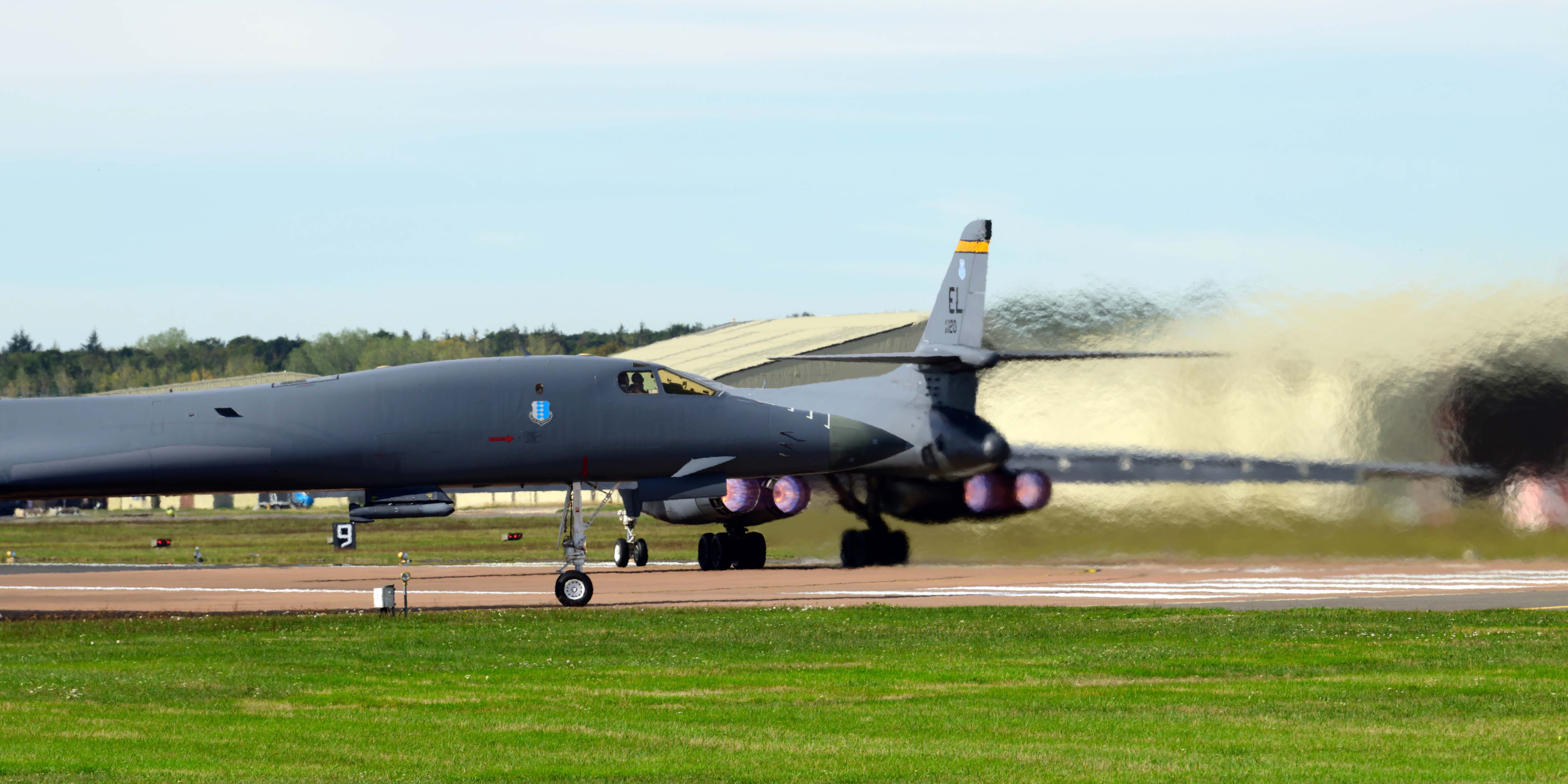 B1 bombers taxi to the runway to depart for home at RAF Fairford on Oct. 4, 2026 in the U.K.