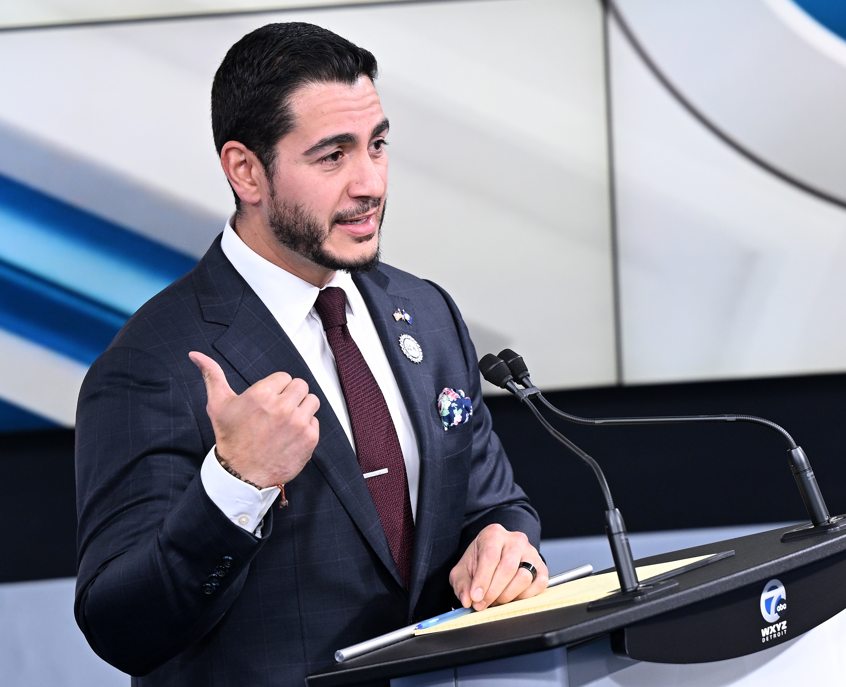 SOUTHFIELD, MICHIGAN - OCTOBER 21: Democratic Senate Candidate Abdul El-Sayed speaks during the debate on October 21, 2026 at WXYZ Channel 7 in Southfield, Michigan. (Photo by Robin Buckson-Pool/Getty Images)